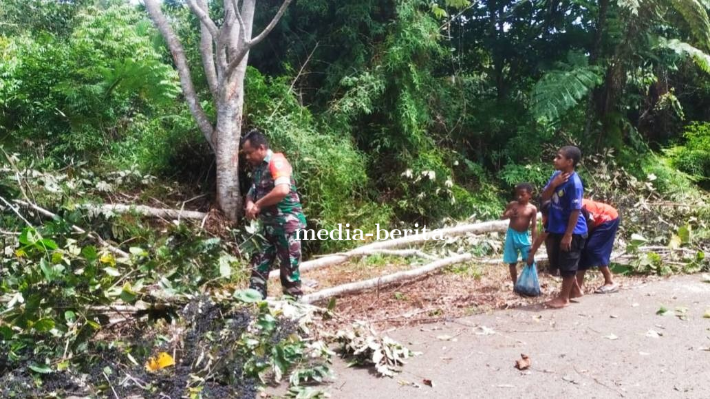 Babinsa Koramil Web Bersama Warga Bersihkan Jalan Akibat Pohon Tumbang